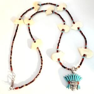 Vtg 925 Silver Navajo Chief Pendant Necklace Bears Coral Turquoise Fetish 28"